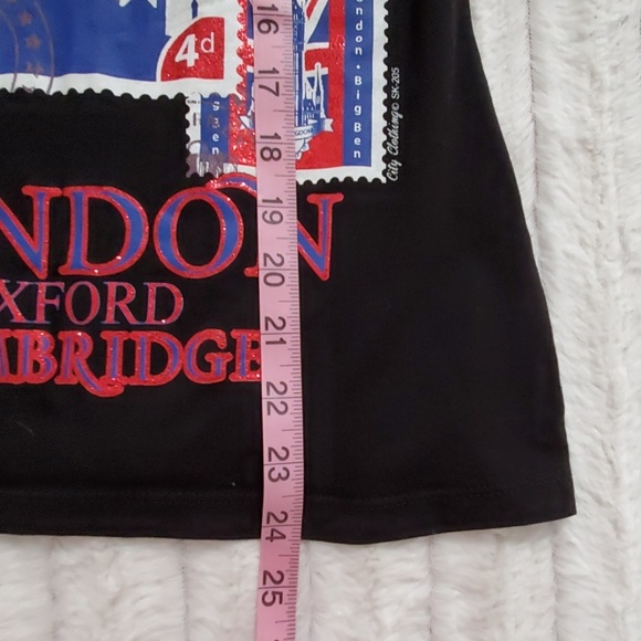 UK London multicolor scenic stamp landmark graphics black cap sleeve tee XS SM - Picture 6 of 8